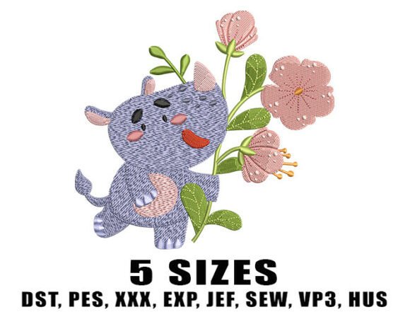 Cute Floral Rhino Embroidery Design