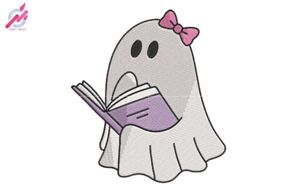 Cute Ghost Reading a Book Embroidery Design