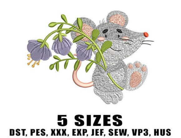 Mouse with Flowers Embroidery Design