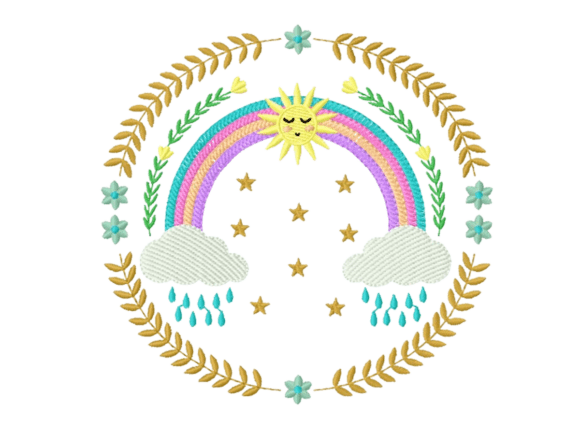 Rainbow Sun and Clouds Embroidery Design