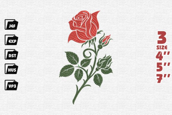 Red Rose with Buds Embroidery Design