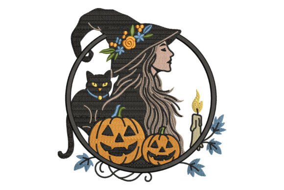 Witch Cat Pumpkin Embroidery